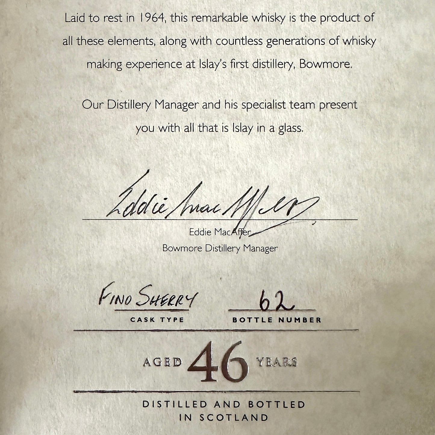1964 Bowmore 46 Year Old Fino Cask